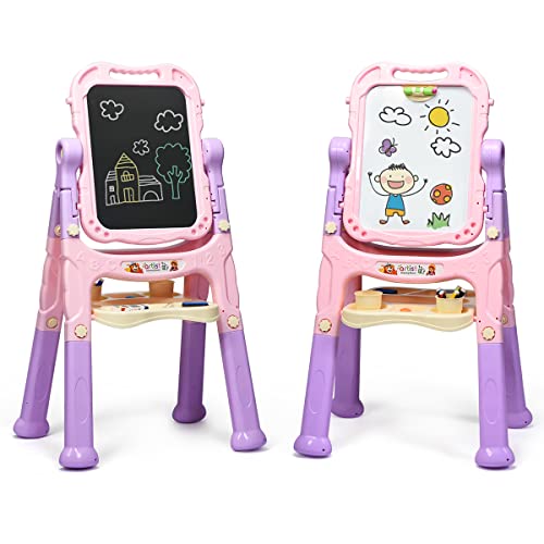 COSTWAY Caballete Artístico para Niños, Pizarra Negra y Blanca, Mesa de Dibujo, Regulable y Giratorio a 360°, Set Magnético Portátil para Dibujar con Accesorios (rojo)
