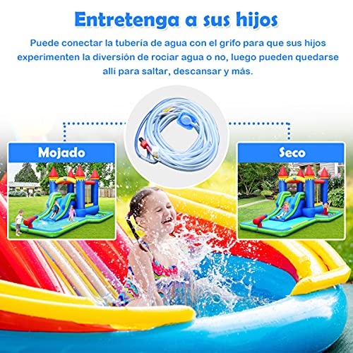 COSTWAY Parque Acuático Inflable con Casa, Hidrante de Agua, Piscina, Tobogán Largo, Grande Área para Saltar, Pared para Escalar, Tejido Oxford, Compresor Incluido