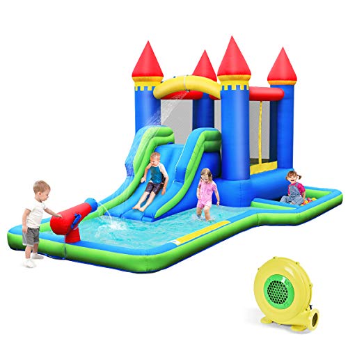 COSTWAY Parque Acuático Inflable con Casa, Hidrante de Agua, Piscina, Tobogán Largo, Grande Área para Saltar, Pared para Escalar, Tejido Oxford, Compresor Incluido