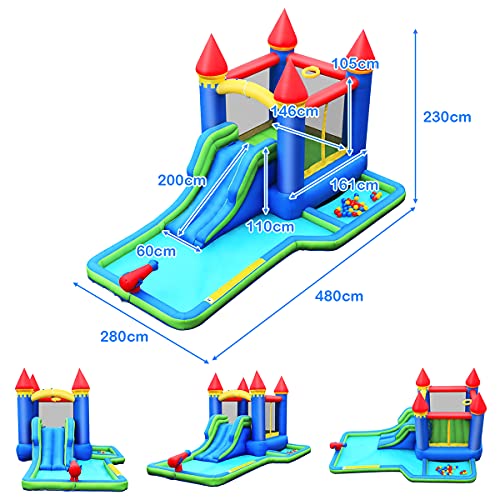 COSTWAY Parque Acuático Inflable con Casa, Hidrante de Agua, Piscina, Tobogán Largo, Grande Área para Saltar, Pared para Escalar, Tejido Oxford, Compresor Incluido