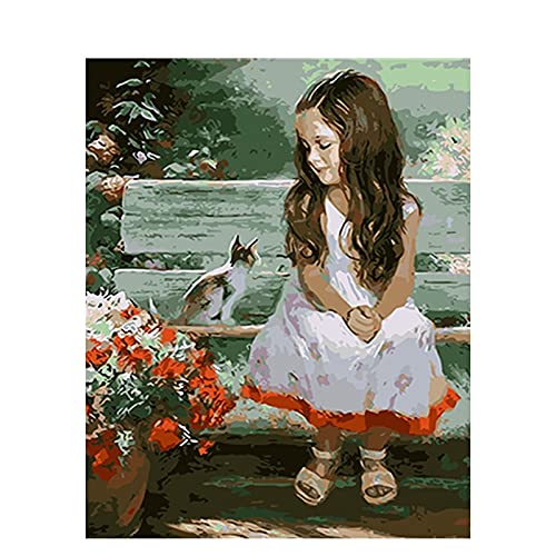 Cuadro al óleo de niña por número, gato y animal, dibujo para colorear, pinturas acrílicas, pintura hecha a mano por número, decoración, arte de pared, habitación Pintura-por-números