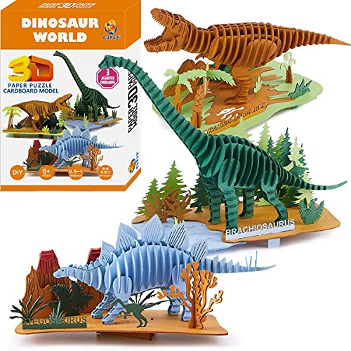 CUPUZ Rompecabezas de papel 3D, 3 dinosaurios surtidos, modelos de cartón premium, kit de bricolaje para niños, manualidades educativas, Rex, Stegosaurus, Brachiosaurus Puzzles