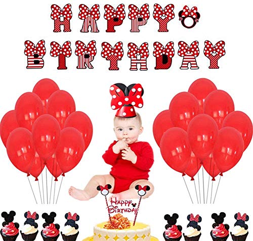 CYSJ 31 Pcs Mickey Mouse Decoraciones de Fiesta Artículos para la Fiesta de Minnie Mouse Themed Pancarta de Feliz Cumpleaños Globos y Adornos para Tartas Sombrero de cumpleaños