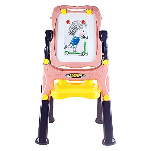 deAO Caballete Artístico Infantil 2en1 para Actividades Creativas y de Aprendizaje Soporte Ajustable con Rotación de 360º Incluye Pizarra Negra y Magnética, Rotuladores, Tizas e Imanes (Rojo)