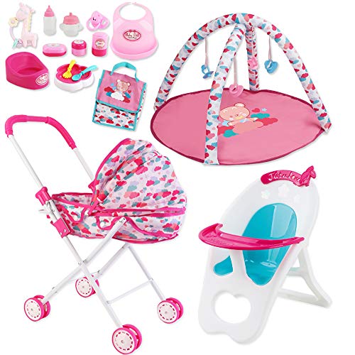 deAO Conjunto 4en1 para Muñecas Bebé Incluye Carrito , Gimnasio, Trona, Bolso Cambiador y 12 Accesorios Juguete de Imitación (Muñeca NO Incluida)