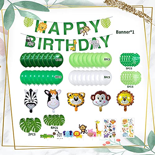 Decoración Fiesta Cumpleaños Animal Niños, Jungle Safari Banner de Feliz Cumpleaños con Hojas de Palma Globos de Látex, Animal Globos Para Niño Cumpleaños Baby Shower Decoración Reutilizable