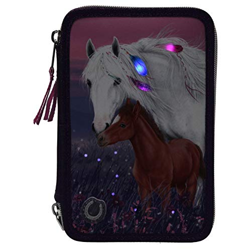 Depesche 11436-Estuche con LED, Miss Melody, Aprox. 7,5 x 13,5 x 20 cm, con 3 Cremalleras, Relleno con lápices Lyra, Regla, Tijeras, Pegamento y un pequeño Compartimento Secreto, Color Morado (11436)