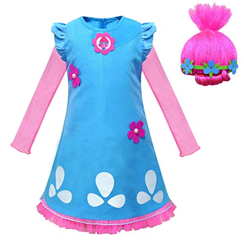 Disfraz de princesa de amapola para niños de Trolls con peluca (estilo 1, 6-7 años)