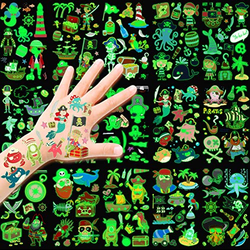 DPKOW piratas Tatuajes temporales para niños,piratas que brillan en la oscuridad tatuajes,falsos luminosos tatuajes para piratas cumpleaños dec,suministros,regalos,juegos para niños,niñas