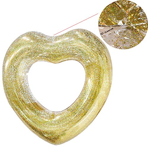 ED-Lumos Flotador Hinchable Piscina Juguete Hinchable Anillo de Natación Forma Corazón Transparente con Lentejuelas de Color Oro 70cm x 70cm