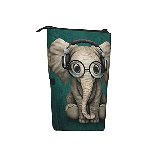 Estuche telescópico para lápices ，Elefante con gafas y auriculares， Porta lápices de pie Estuche para lápices Estuche para papelería Estuche con cremallera Estuche para cosméticos.