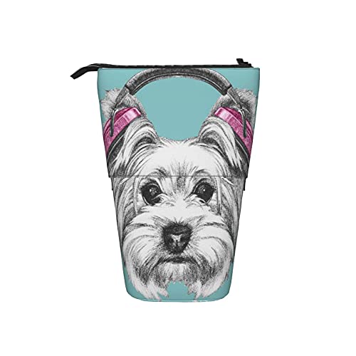 Estuche telescópico para lápices ，Perro con auriculares escuchando música Yorks， Porta lápices de pie Estuche para lápices Estuche para papelería Estuche con cremallera Estuche para cosméticos.