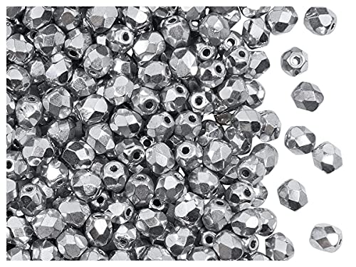 Fire-Polished Beads, 4 mm, 100 piezas, cuentas de vidrio facetadas redondas checas, pulido al fuego, Crystal/Full Labrador (silver metallic)