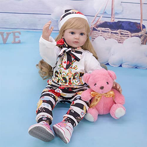 FMONH Reborn Baby Doll 60 Cm Dorado Rizos Largos Realista Princesa 24 Pulgadas Cuerpo De Tela De Silicona Reborn para Niña Regalo De Cumpleaños Regalo para Niños Juguete De Baño