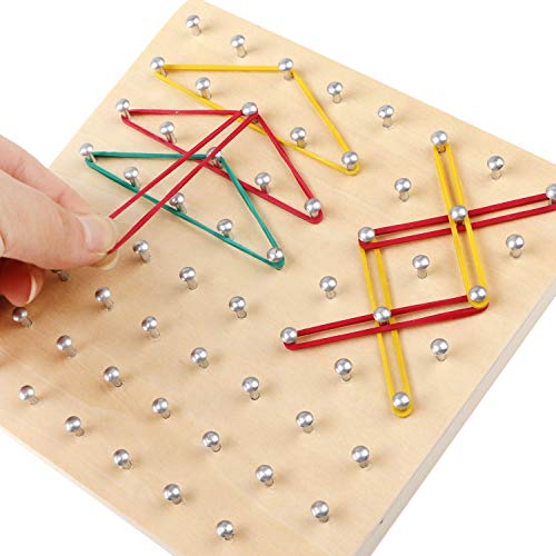 Geoboard de Madera, 8x8 Tablero Geometría Geoboard Creativo Rompecabezas de Formas Inspire la Imaginación y Creatividad de Los Niños, 23Tarjetas de Actividad, 50Bandas de Goma, 1Lorrador, 1Lápiz