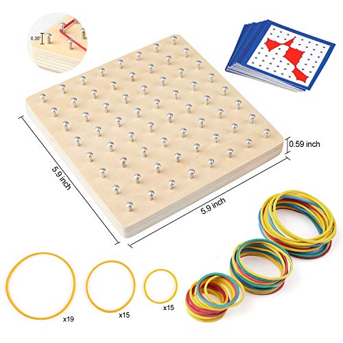 Geoboard de Madera, 8x8 Tablero Geometría Geoboard Creativo Rompecabezas de Formas Inspire la Imaginación y Creatividad de Los Niños, 23Tarjetas de Actividad, 50Bandas de Goma, 1Lorrador, 1Lápiz