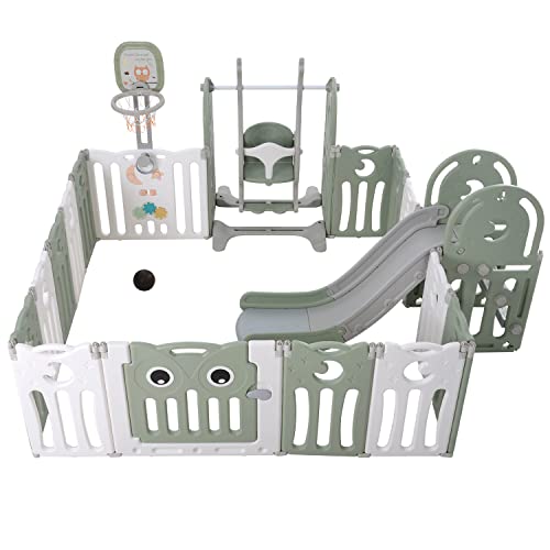GGMWDSN Corralito Bebe Plegable, Rejilla Protectora de PláStico de 16 Paneles, Barreras de PláStico, Centro de Actividades para NiñOs con Columpio, TobogáN y Aro de Baloncesto para NiñOs,Grün