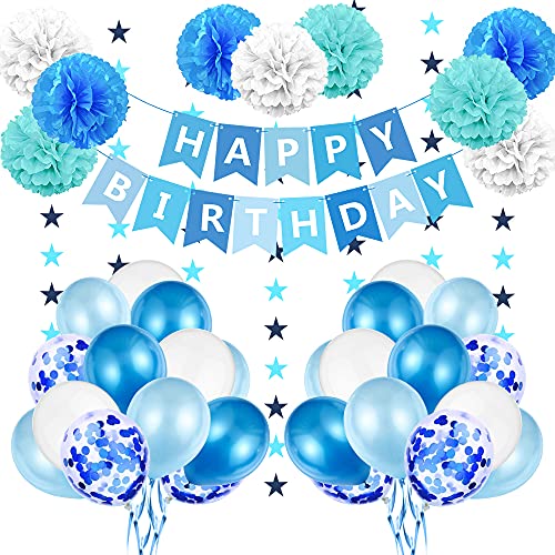 Globos de Cumpleaños Azules, Decoracion Cumpleaños Niño, Globos de Fiesta Cumpleaños Infantil, Guirnalda Feliz Cumpleaños, Adornos Cumpleaños, Globos Azules y Pompones para niños 1 año, 2 años