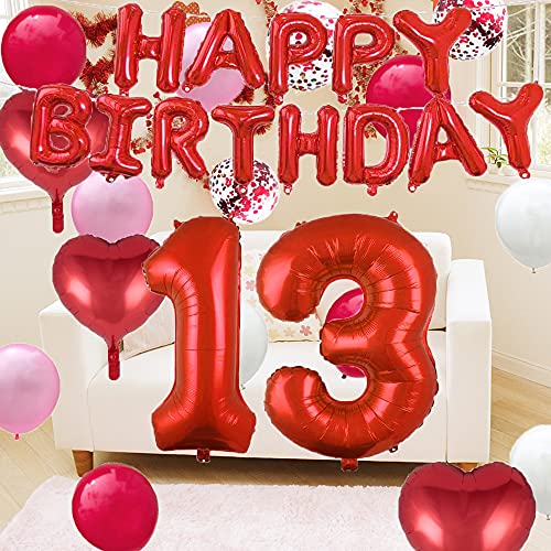 Globos de látex para 13 cumpleaños, decoración para fiestas de cumpleaños con número 13, color rojo