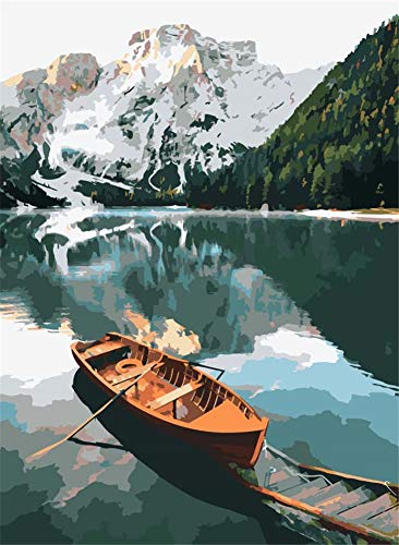 Gofission Paint by Numbers Lake Scene Boat Mountain, 40,6 x 50,8 cm Kit de pintura de números (escena del lago, con marco)