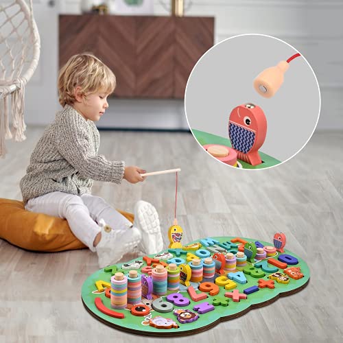 GOLDGE Juego Montessori Matemáticas, Juegos Educativos Puzzles de Madera con Juego de Pesca Magnética, Juguete Niño Aprender a Contar y Colores, Perfecto Regalo Infantil
