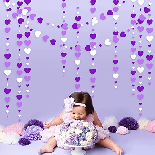 Guirnalda de papel de lavanda para colgar en forma de corazón, color morado y blanco, de 52 pies, para aniversario, día de la madre, cumpleaños, compromiso, boda, bebé, fiestas, suministros