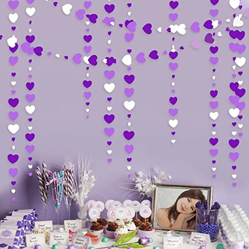 Guirnalda de papel de lavanda para colgar en forma de corazón, color morado y blanco, de 52 pies, para aniversario, día de la madre, cumpleaños, compromiso, boda, bebé, fiestas, suministros