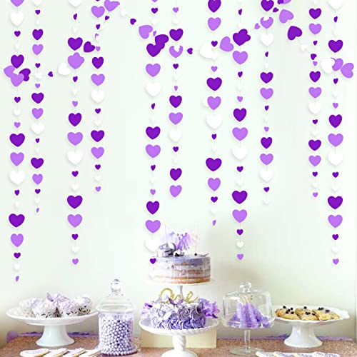 Guirnalda de papel de lavanda para colgar en forma de corazón, color morado y blanco, de 52 pies, para aniversario, día de la madre, cumpleaños, compromiso, boda, bebé, fiestas, suministros