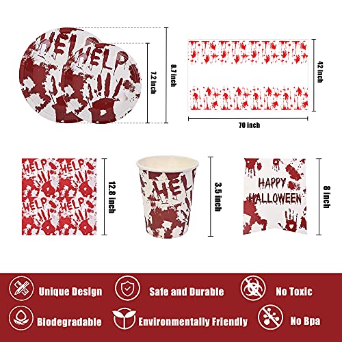 Halcyerdu Hallowee Party Set, Decoración de Manos sangrientas, Decoración de Terror de Halloween, Plato, Servilleta, Vaso de Papel, Pancarta, Mantel, Vajilla de Fiesta de Halloween para 16 Personas
