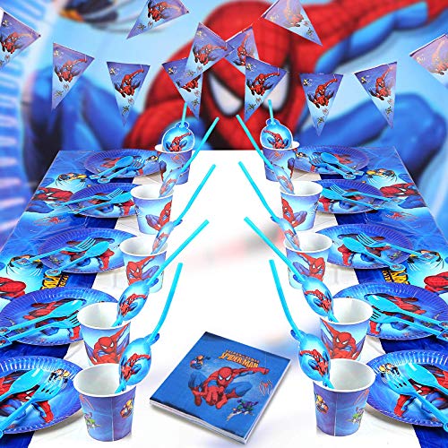 HASAKA Juego de vajilla de fiesta superhéroe decoraciones de cumpleaños Platos tazas pajitas servilleta cucharada tenedor cuchillo banner mantel Spiderman suministros de fiesta para niños 82 piezas
