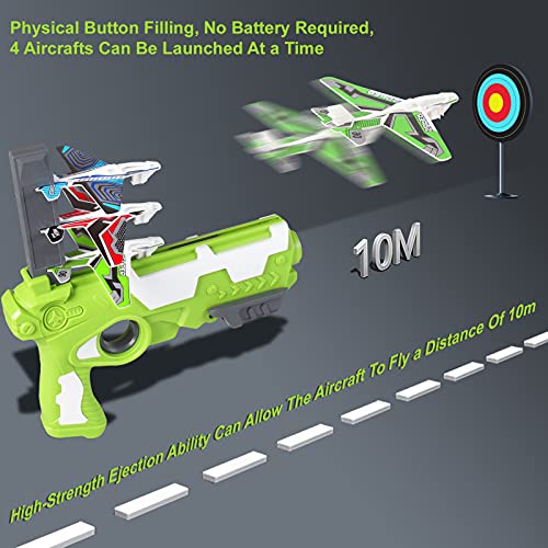 Herefun Juego de Disparos Juguete de avión, Avión de Lanzamiento Eyección un Clic para Exteriores, Juguete de avión de catapulta con 4 Avión de Espuma para niños de 3 años En Adelante (Pasto Verde)