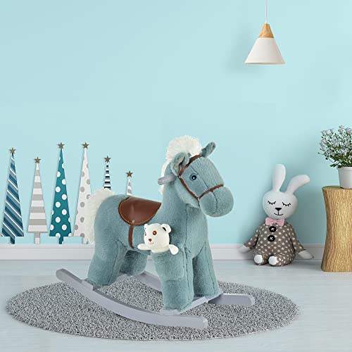 HOMCOM Caballito Balancín para Niños de +3 Meses Caballo Mecedora Felpa con Osito de Peluche Sonidos de Relincho y Galope Base de Madera 65x26x55 cm Azul