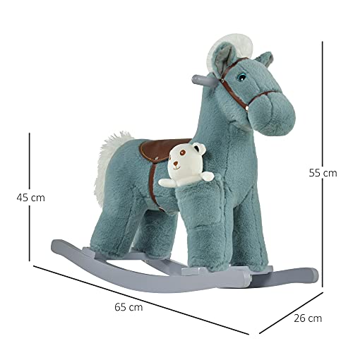 HOMCOM Caballito Balancín para Niños de +3 Meses Caballo Mecedora Felpa con Osito de Peluche Sonidos de Relincho y Galope Base de Madera 65x26x55 cm Azul