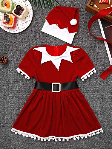 IEFIEL Vestido Invierno de Fiesta Navidad para Niñas Disfraz Papá Noel Conjuntos de Vestidos bebés Traje de Elfos Vestido Princesa Manga Corta +Gorro Santa Rojo A 5-6 años