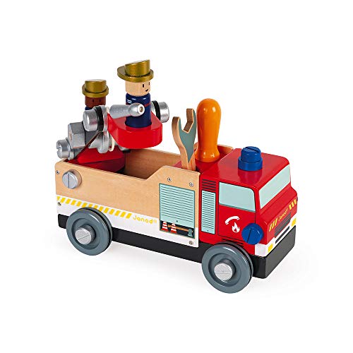 Janod - Camión de bomberos de madera Brico'kids, certificado FSC - Juego de construcción - Con 2 bomberos - 45 piezas, fácil de armar - Juguete de madera para niños de 3 a 8 años, J06469