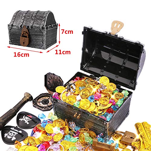 JOYUE Piratas del Tesoro Cofre del Tesoro, Diamantes Acrílicos, Monedas Doradas de Pirata, Monedas de Oro y Gemas, Juguete Pirata Niños para Caza, Fiestas Temáticas Piratas