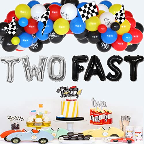Juego de dos decoraciones de cumpleaños rápidas de carreras de globos de guirnalda, para coche de carrera, banderas para tartas de 2 años de edad, monstruo, camión, suministros para fiesta
