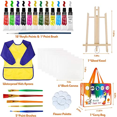 Juego de Pinturas para Niños Manualidades para Niños 27 Piezas Kit de Pinceles con Pintar para Niños Paleta de Caballete de Lona Delantales Impermeables Pintar y Bolsa Manualidades para Niños Pequeños