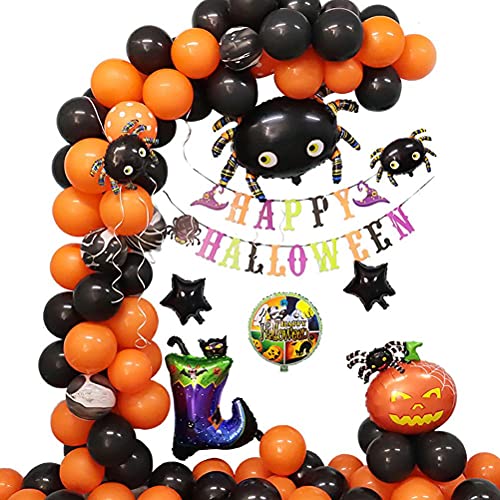 JustPe Kit de guirnaldas, 90 Globos de Arco, Globos de Latex para Fiestas de Halloween Decoracion Accesorios Calabaza Araña Globo de látex Muy Adecuado Decoracion Fiesta Halloween, Negros y Naranja