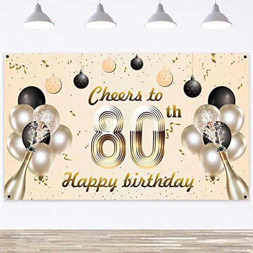 KAINSY Pancarta decorativa de 80 cumpleaños, color dorado champán, cartel de tela para 80 aniversario, foto de soporte, pancarta para prost de 80 años, entrega para mujer (185 x 110 cm)