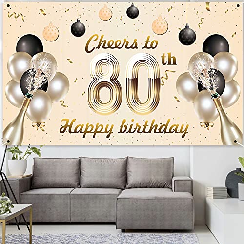 KAINSY Pancarta decorativa de 80 cumpleaños, color dorado champán, cartel de tela para 80 aniversario, foto de soporte, pancarta para prost de 80 años, entrega para mujer (185 x 110 cm)