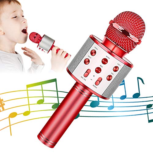 KIDWILL Micrófono de Karaoke Inalámbrico con Bluetooth para Niños y Adultos 5 en 1 Micrófono de Karaoke de Mano con Luces LED, Micrófono Portátil para Fiesta de Cumpleaños KTV Navidad (Rojo)