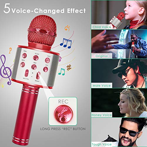KIDWILL Micrófono de Karaoke Inalámbrico con Bluetooth para Niños y Adultos 5 en 1 Micrófono de Karaoke de Mano con Luces LED, Micrófono Portátil para Fiesta de Cumpleaños KTV Navidad (Rojo)