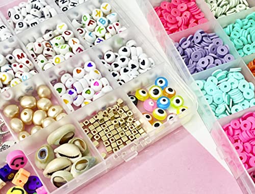 Kit de 2 cajas de cuentas para hacer pulseras y collares; Joyas DIY, bricolaje, manualidades niños, juguete desde 4 años; Abalorios, letras y cuentas de arcilla polimérica 6 mm; Regalo para niñas