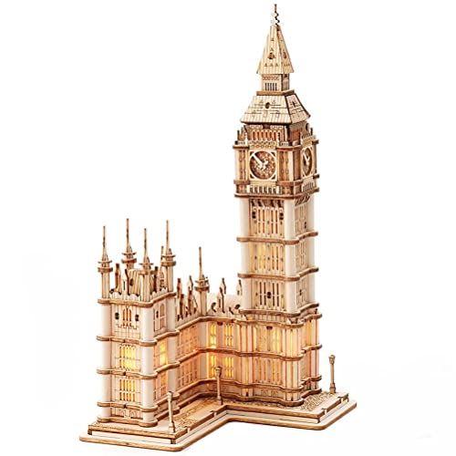Kit mecánico de madera con luces LED Hahepo 3D puzzles de madera y reloj Tower Craft modelo de construcción de madera ecológica