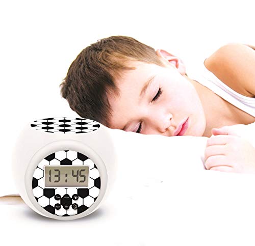 LEXIBOOK- Reloj Despertador fútbol con proyector, función de repetición y Alarma, luz Nocturna con Temporizador, Pantalla LCD, batería, Blanco/Negro, Color