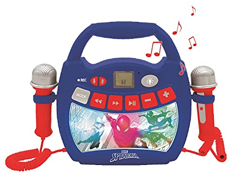 LEXIBOOK- Spider-Man - Reproductor de música de Karaoke portátil para niños - Micrófonos, Efectos de luz, Bluetooth, Grabación y Cambio de Voz, Baterías Recargables