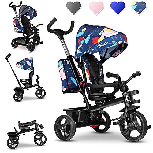 LIONELO Haari Bicicleta 2 en 1 Menores hasta 25 kg 1,5-5 años Triciclo- carrito Cesta espaciosa, bolsa y portavasos Cinturones de 3 puntos con fundas Toldo Reposapiés Azul Oscuro