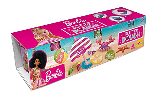 Lisciani, Barbie Glitter Dough Kit Verano, 3 Botes en forma de corazón, Plastilina con purpurina, Pack 3 x 100 g, 88836 - Juego creativo para niñas a partir de 3 años