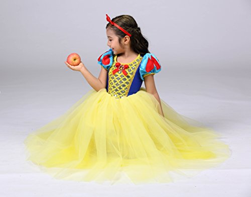 Lito Angels Disfraz Vestido de Tul de Princesa Blancanieves con Aro de Pelo de Lazo Rojo para Niñas Talla 5 a 6 años